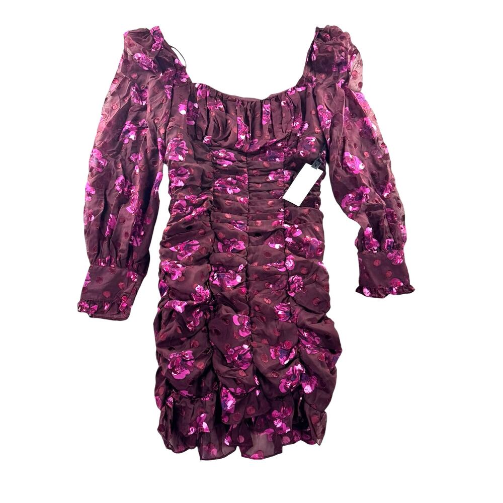 ASTR the Label Rosalee Long Sleeve Mini Dress XS Fuchsia Burnout Floral Ruched